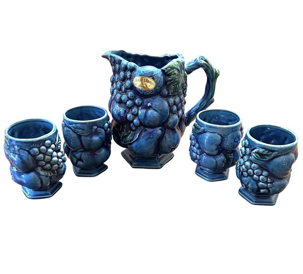 Vintage 70s Inarco Mood Indigo Pottery 5pc set Pitcher and Mugs Cups E-2853 Blue